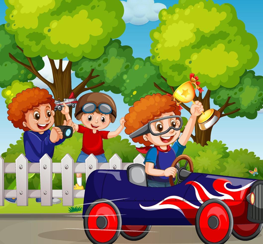 Outdoor scene with children racing car vector