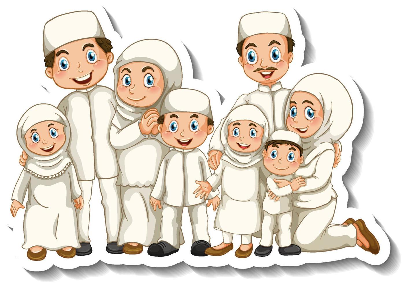 Sticker template with Muslim family cartoon character vector