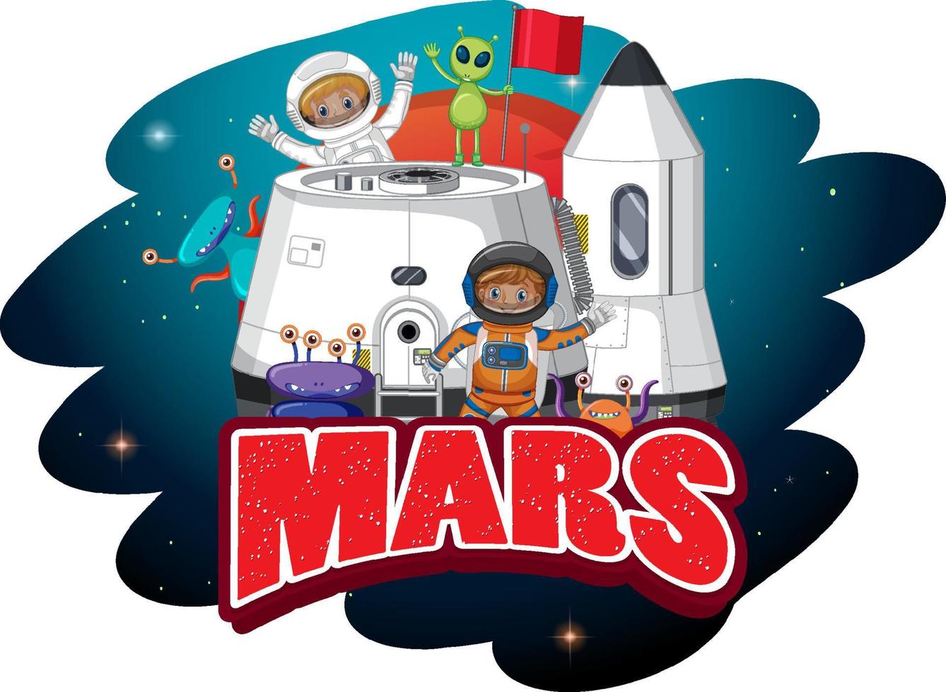 Diseño de logotipo de la palabra Marte con niños astronautas y extraterrestres. vector