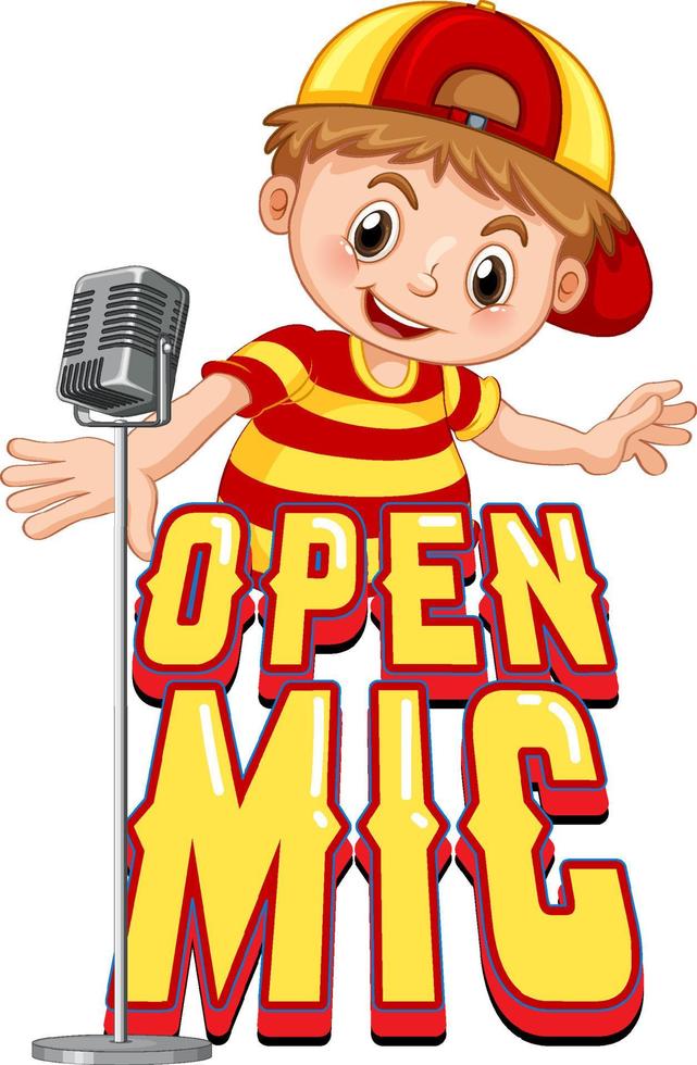 Open mic logo design with singer boy cartoon character vector