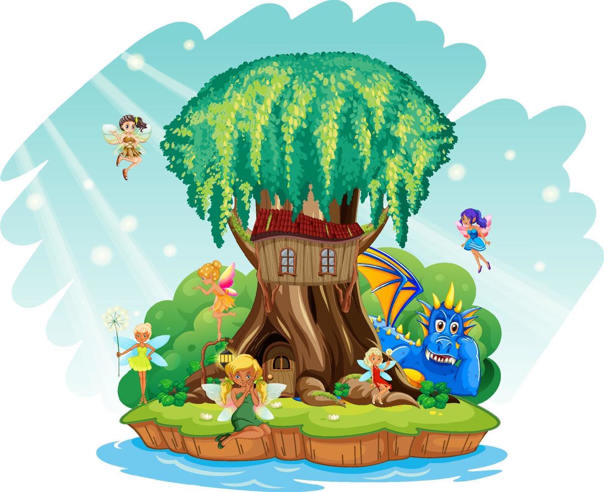 Fantasy tree house inside tree trunk with fairies and dragon vector