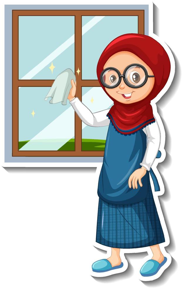 Housekeeper girl cleaning window cartoon character sticker vector