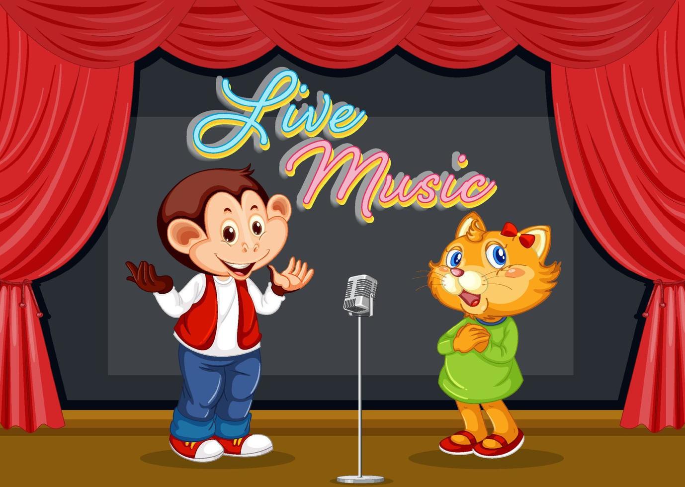 gato y mono cantando en el escenario vector