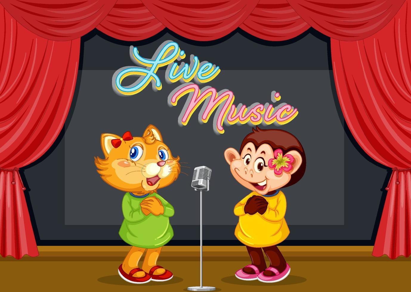 Cat and monkey performing singing on stage vector