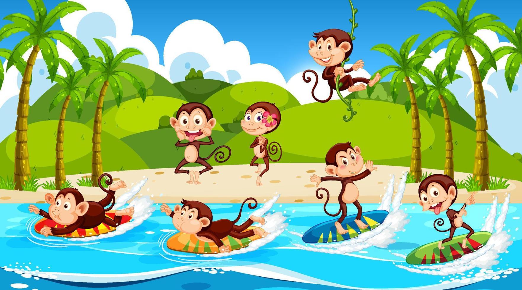 Escena de playa con monos realizando diferentes actividades. vector