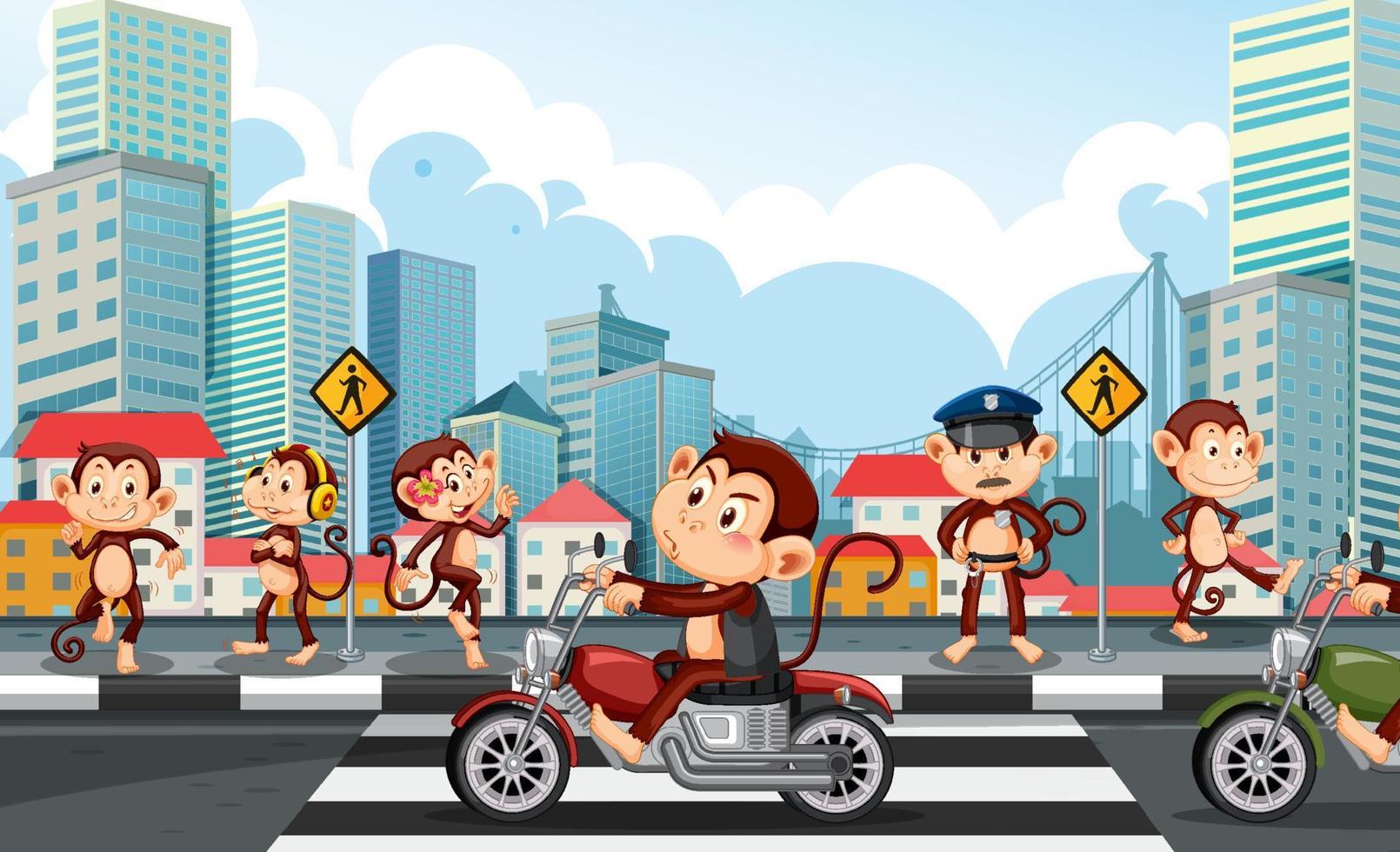 Street in the city scene with many monkeys vector