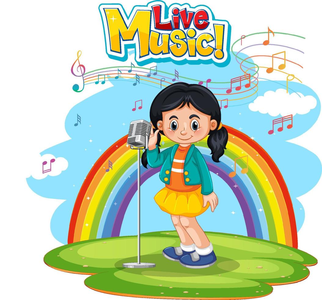 Logotipo de música en vivo con una niña cantando sobre fondo de arco iris vector