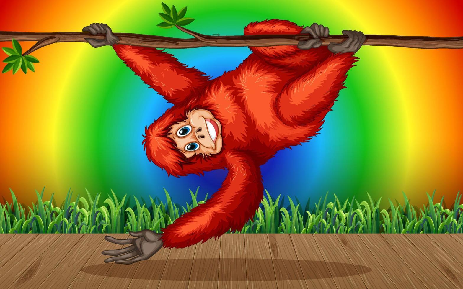 Personaje de dibujos animados de orangután en el bosque sobre fondo de arco iris degradado vector