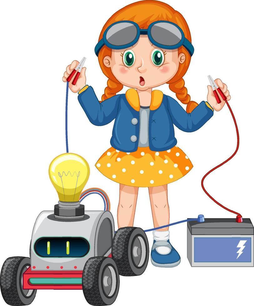 A girl fixing toy car together on white background vector