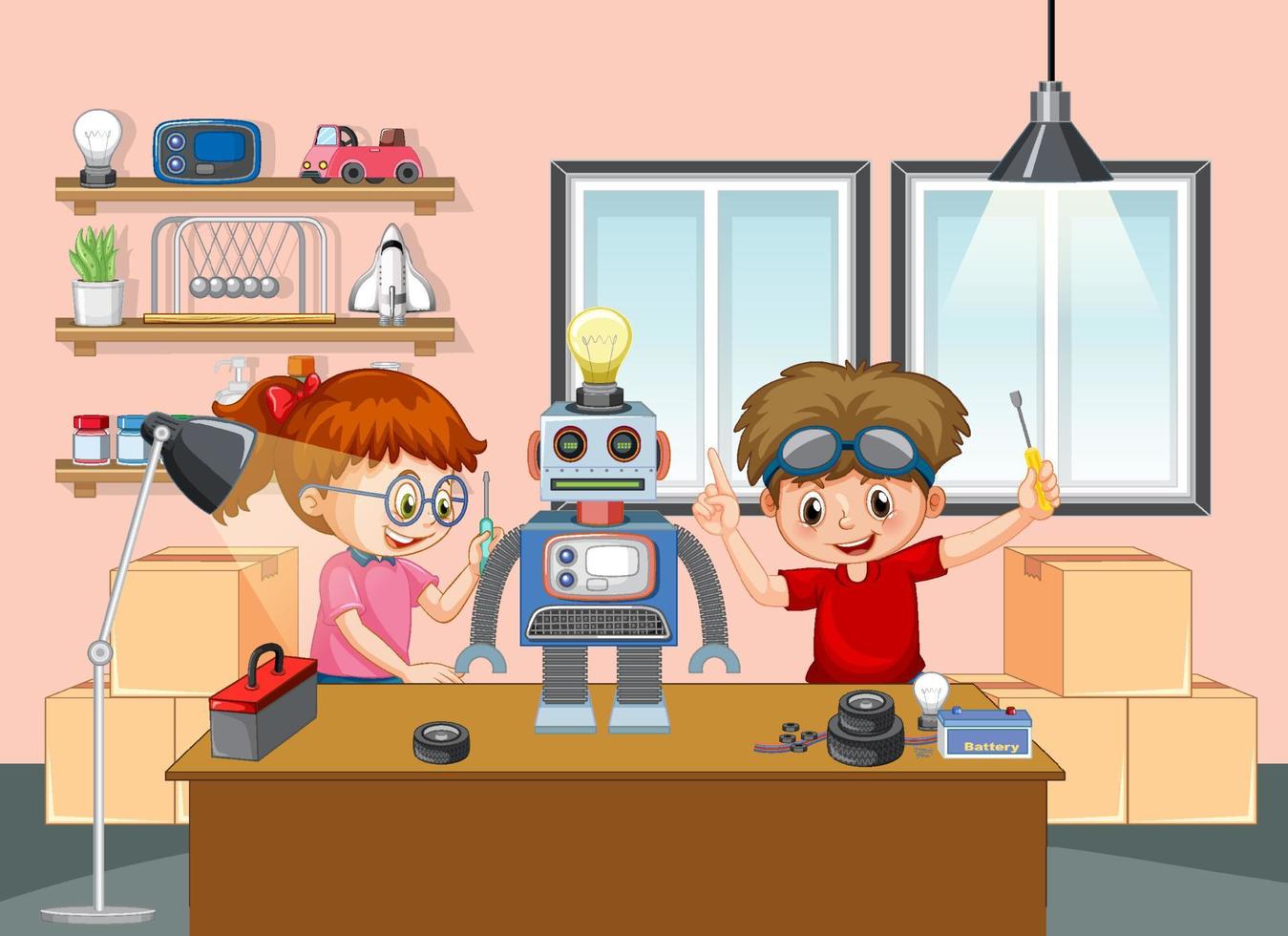 Children fixing a robot together in the room scene vector