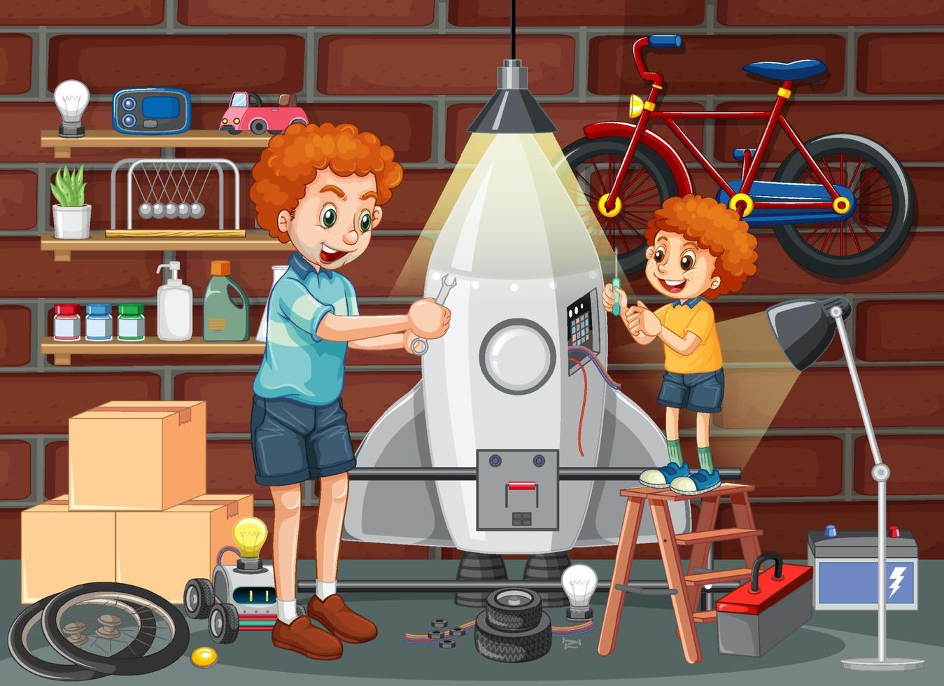 Children fixing a rocket toy together in the room scene vector