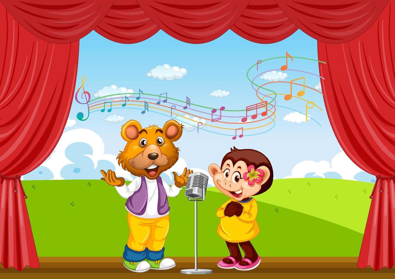 Bear and monkey performing singing on stage vector
