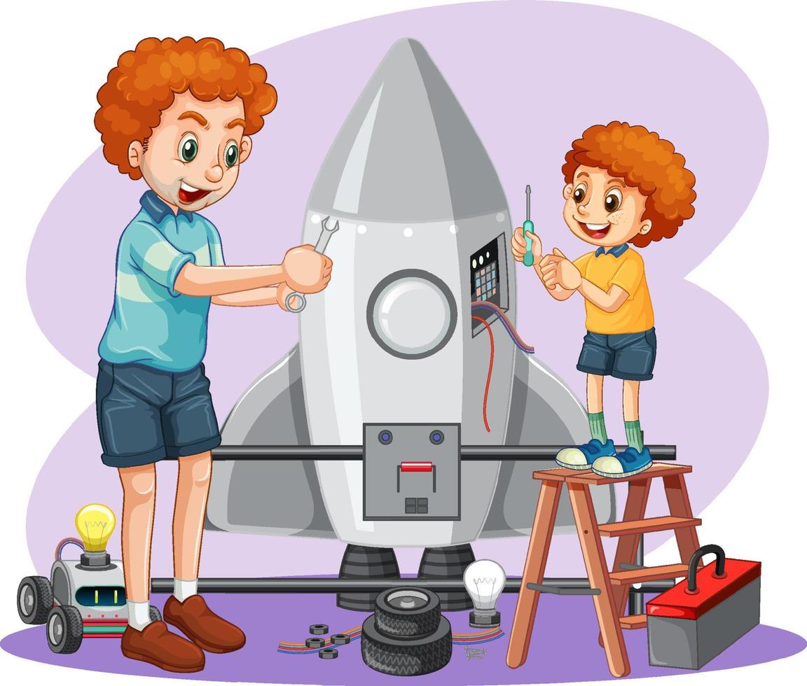 Children fixing a rocket together on white background vector