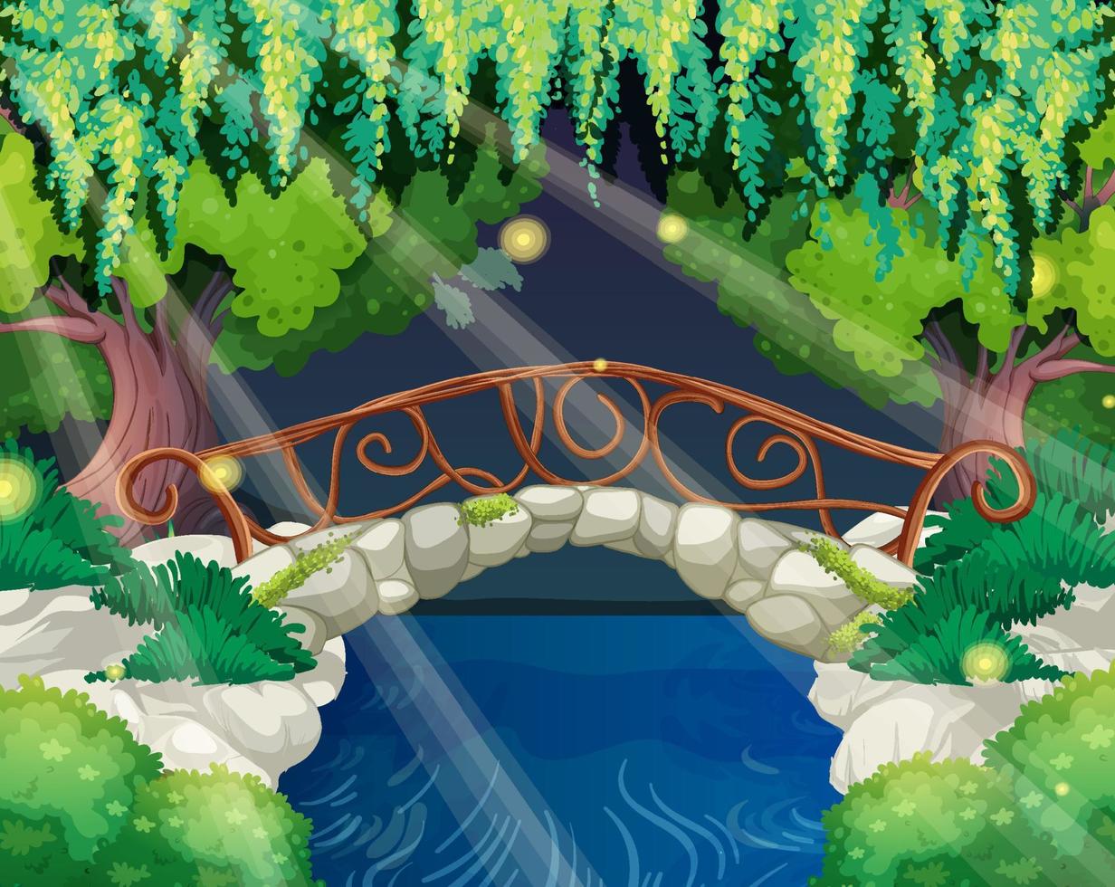 Escena de jardín encantado con puente de piedra. vector