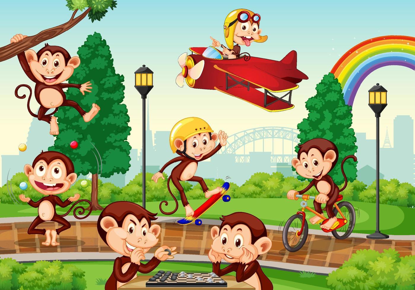 Outdoor park with many monkeys doing different activities vector