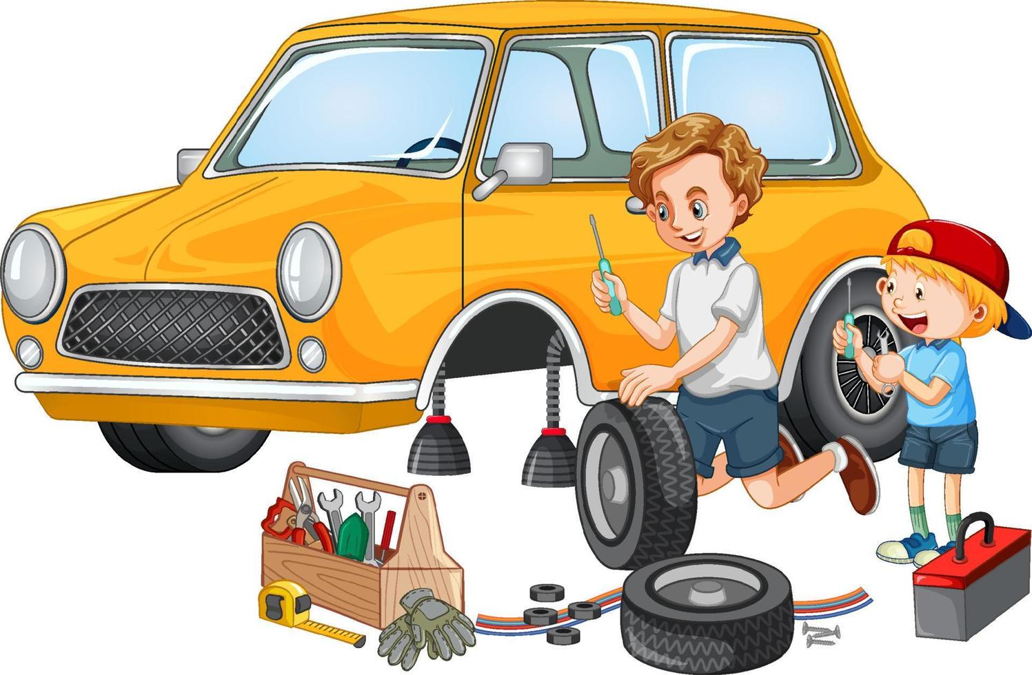 Dad and son fixing a car together on white background vector