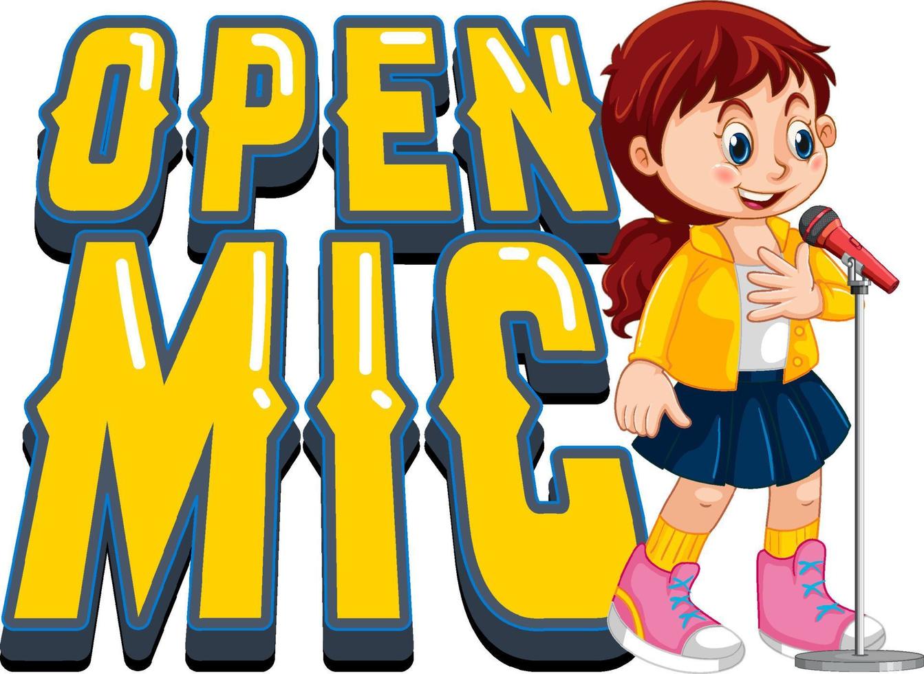 Open mic logo design with singer girl cartoon character vector