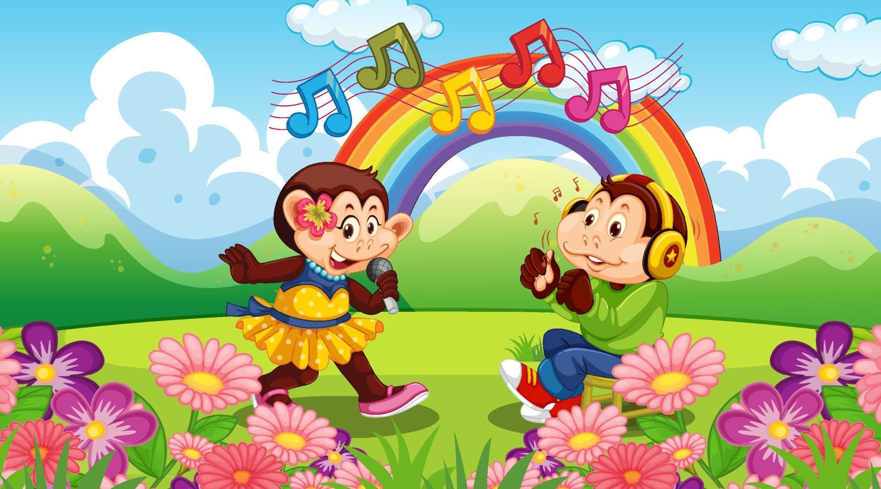 pequeños monos cantando en el paisaje forestal con arco iris vector