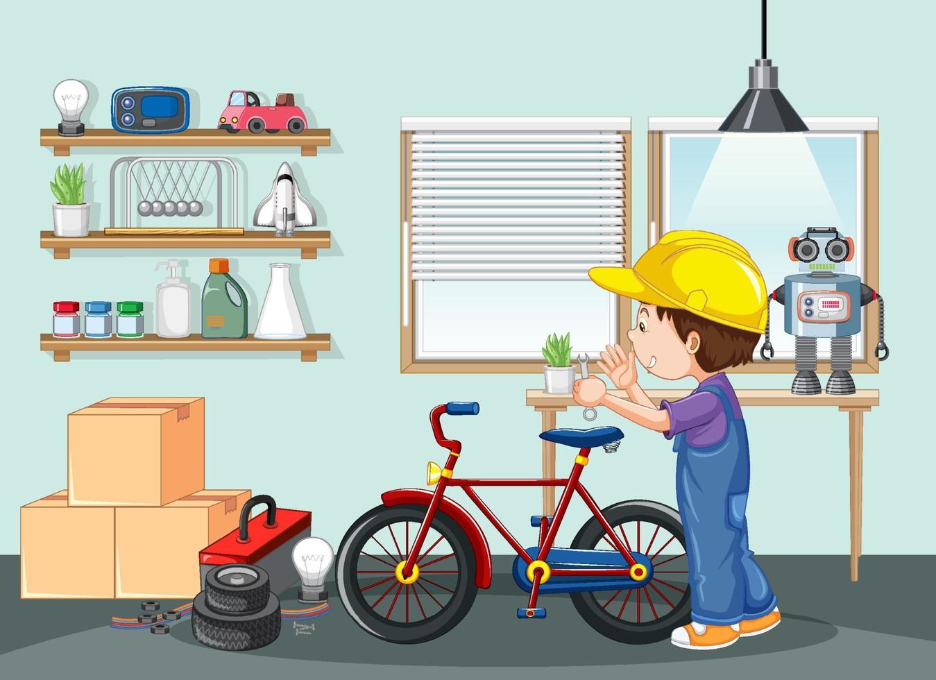 niño arreglando una bicicleta en la escena de la habitación vector