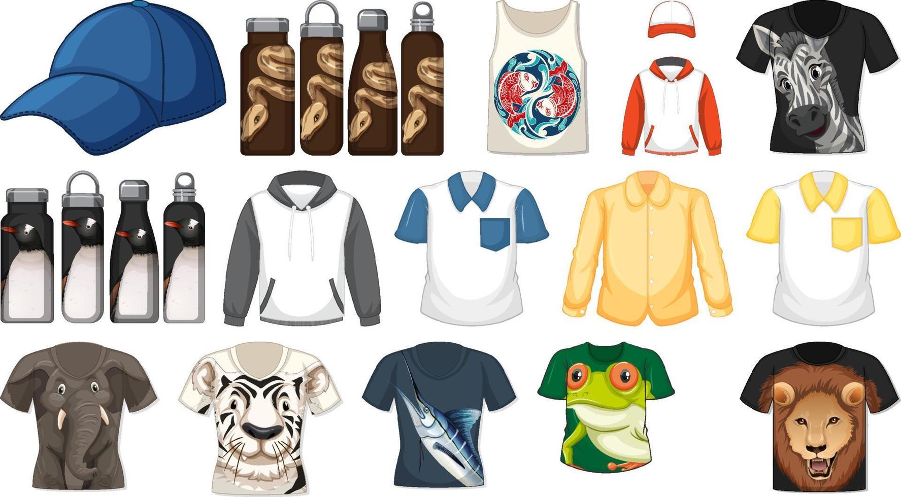 Set of different shirts and accessories with animal patterns vector
