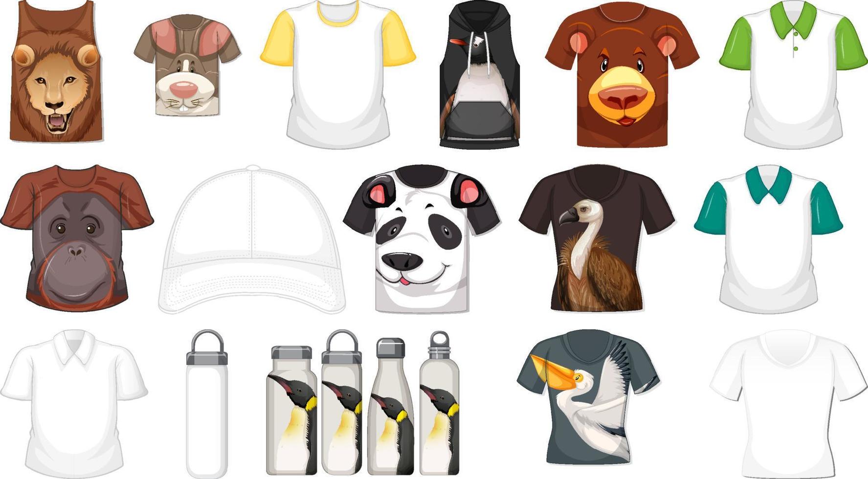 conjunto de diferentes camisetas y accesorios con estampados de animales. vector