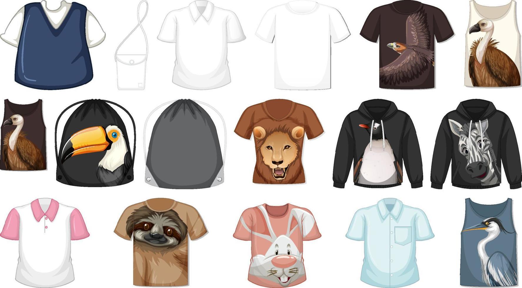 conjunto de diferentes camisetas y accesorios con estampados de animales. vector