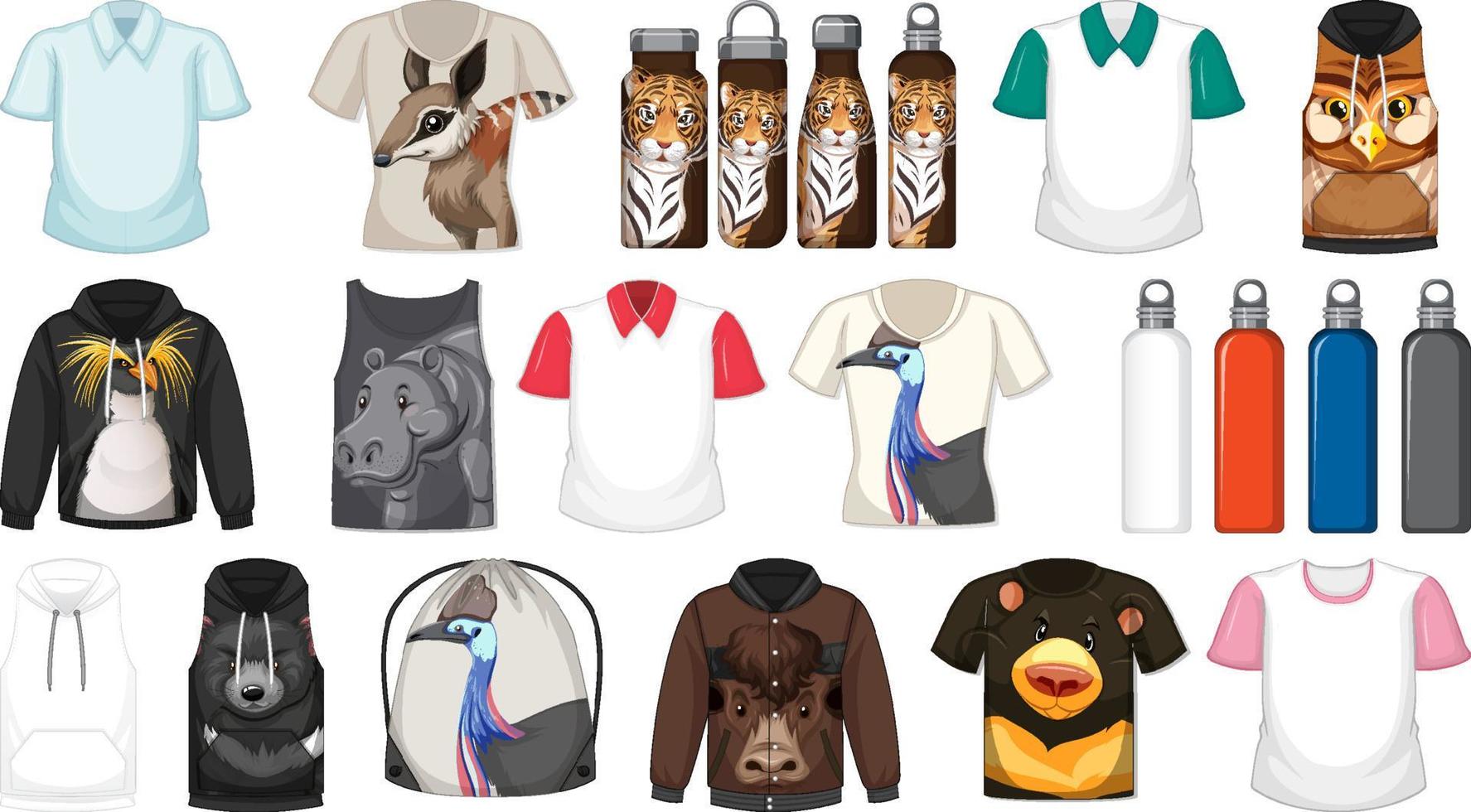 Set of different shirts and accessories with animal patterns vector