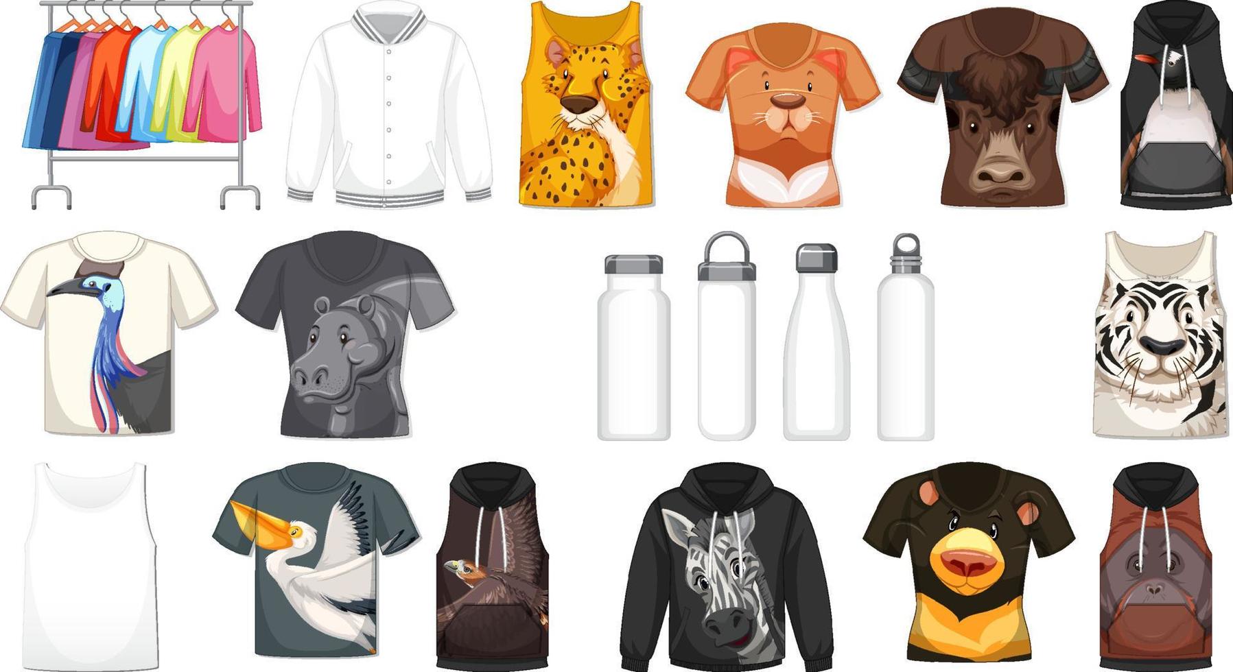 Set of different shirts and accessories with animal patterns vector