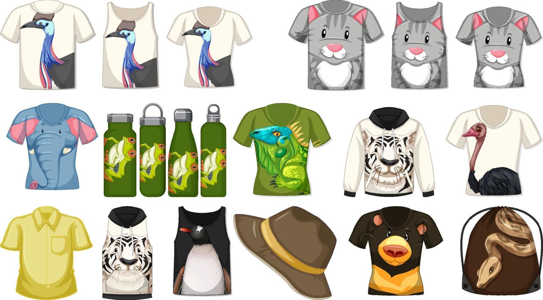 conjunto de diferentes camisetas y accesorios con estampados de animales. vector