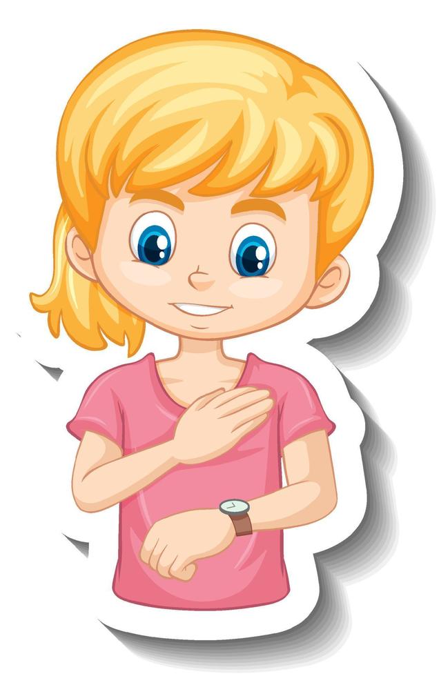 A girl looking at her wristwatch cartoon character sticker vector