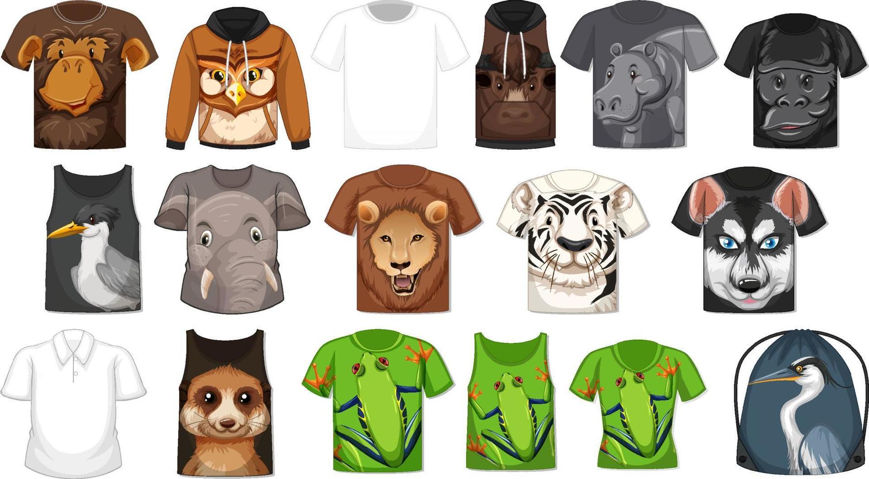 conjunto de diferentes camisetas y accesorios con estampados de animales. vector