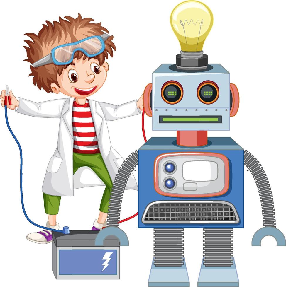 Young boy fixing a robot vector