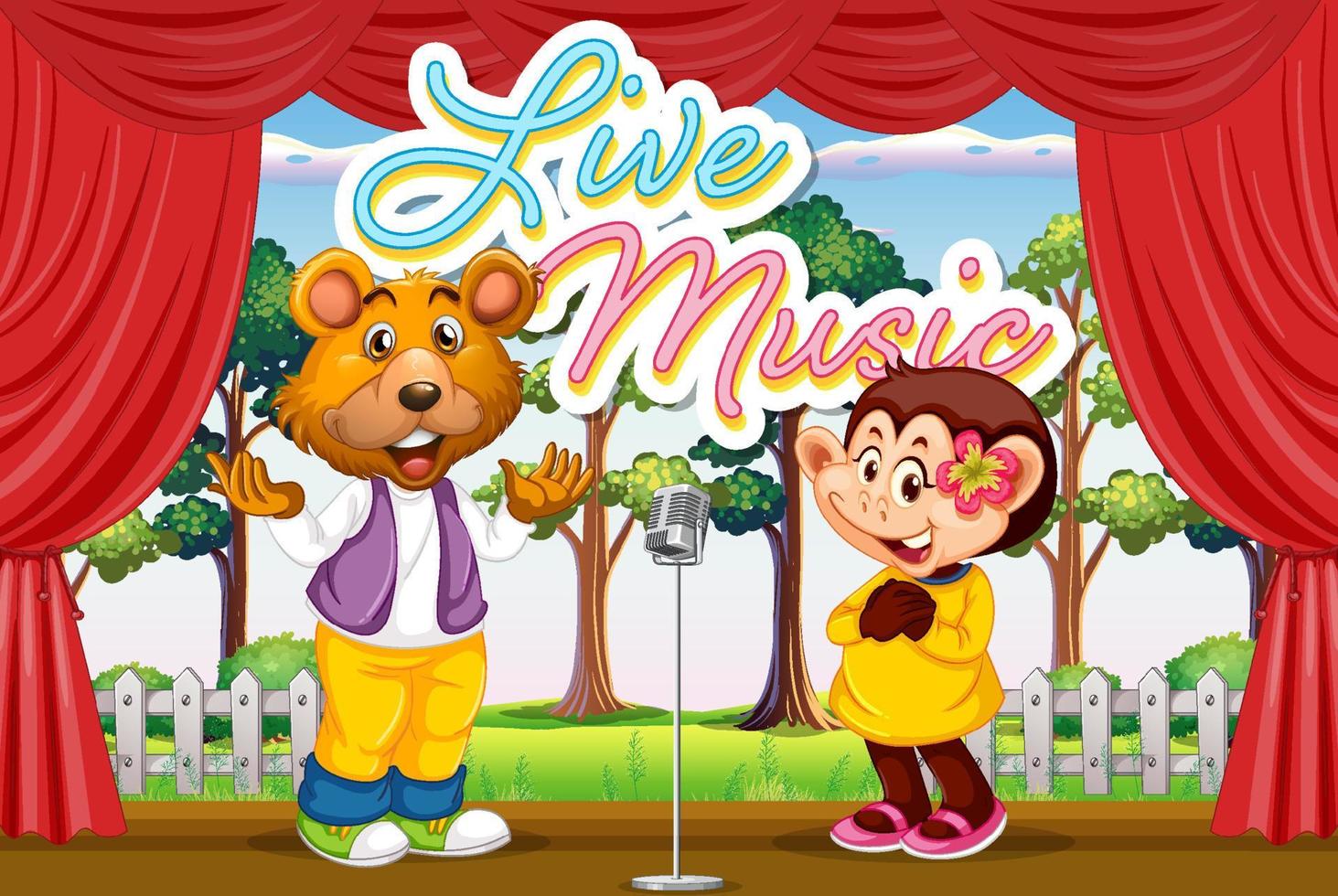 Bear and monkey performing singing on stage vector