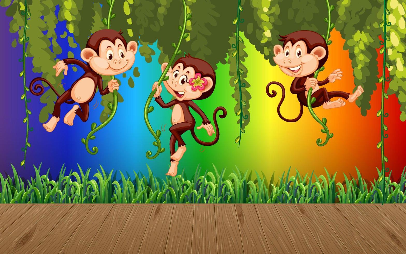 Monkey hanging on liana on rainbow gradient background vector