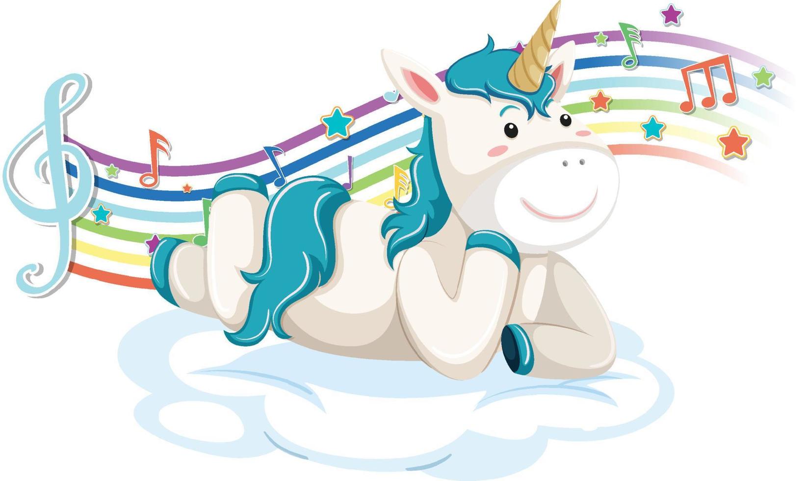 Cute unicorn laying on the cloud with melody symbols on rainbow vector