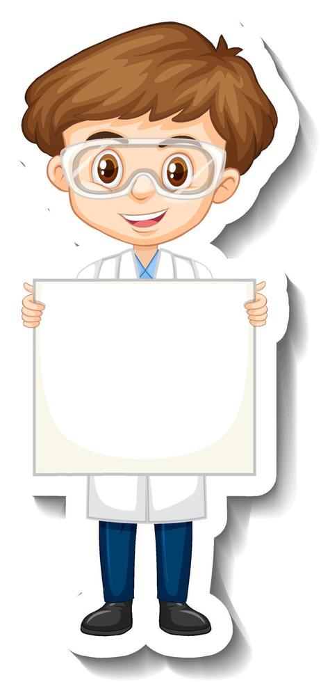 Scientist boy holding empty board in sticker style vector