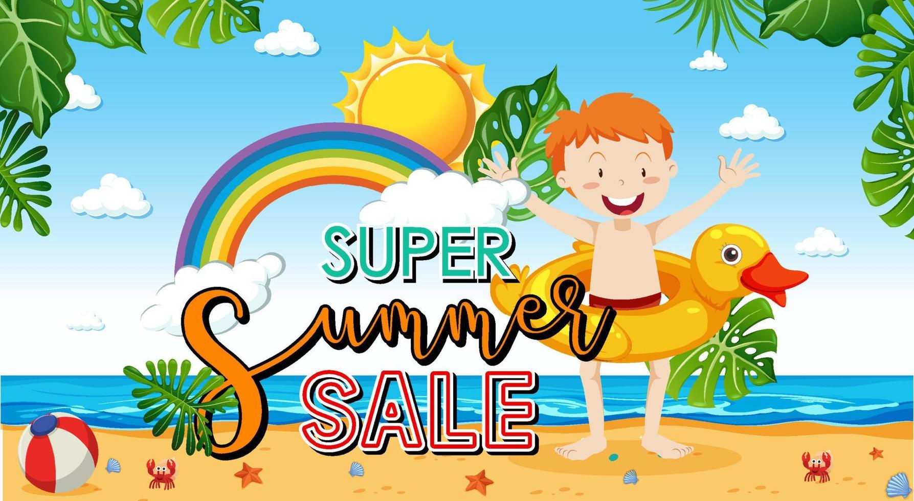 banner de venta de super verano con un niño feliz en la playa vector