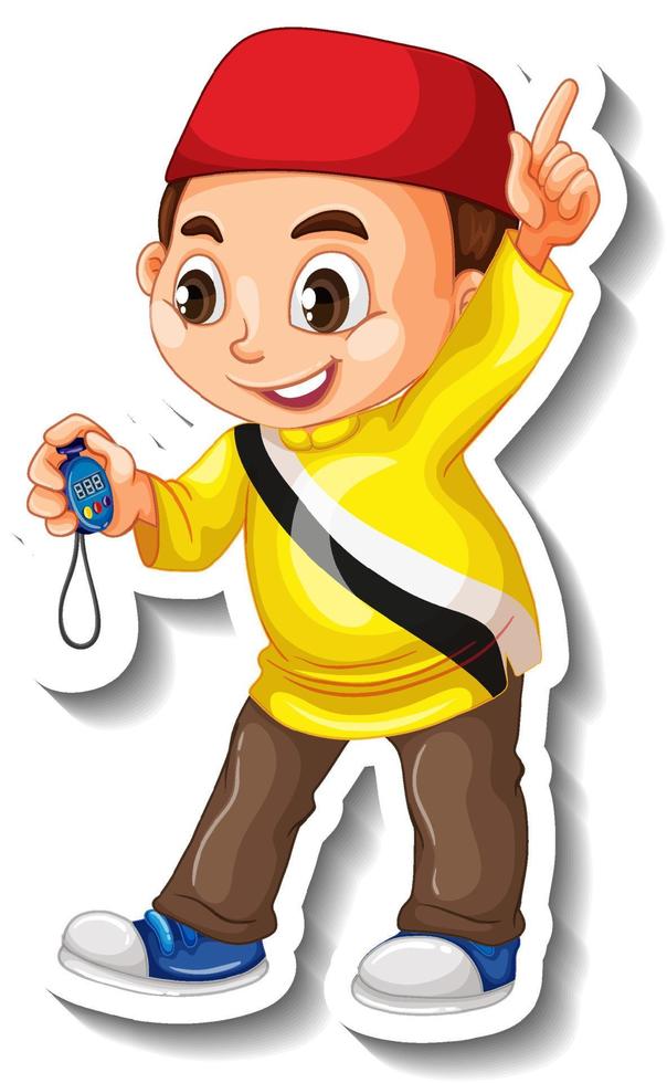 Muslim boy wearing brunei shirt cartoon sticker vector