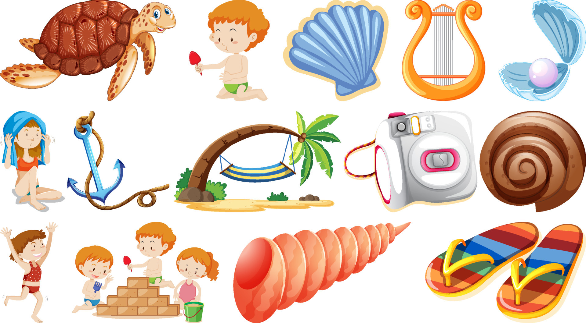 Set of summer beach objects and cartoon characters 4442910 Vector Art at Vecteezy Set of summer beach objects and cartoon characters 4442910 Vector Art at Vecteezy