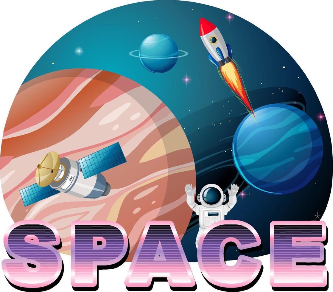 Diseño de logotipo de palabra espacial con astronauta y satélite. vector