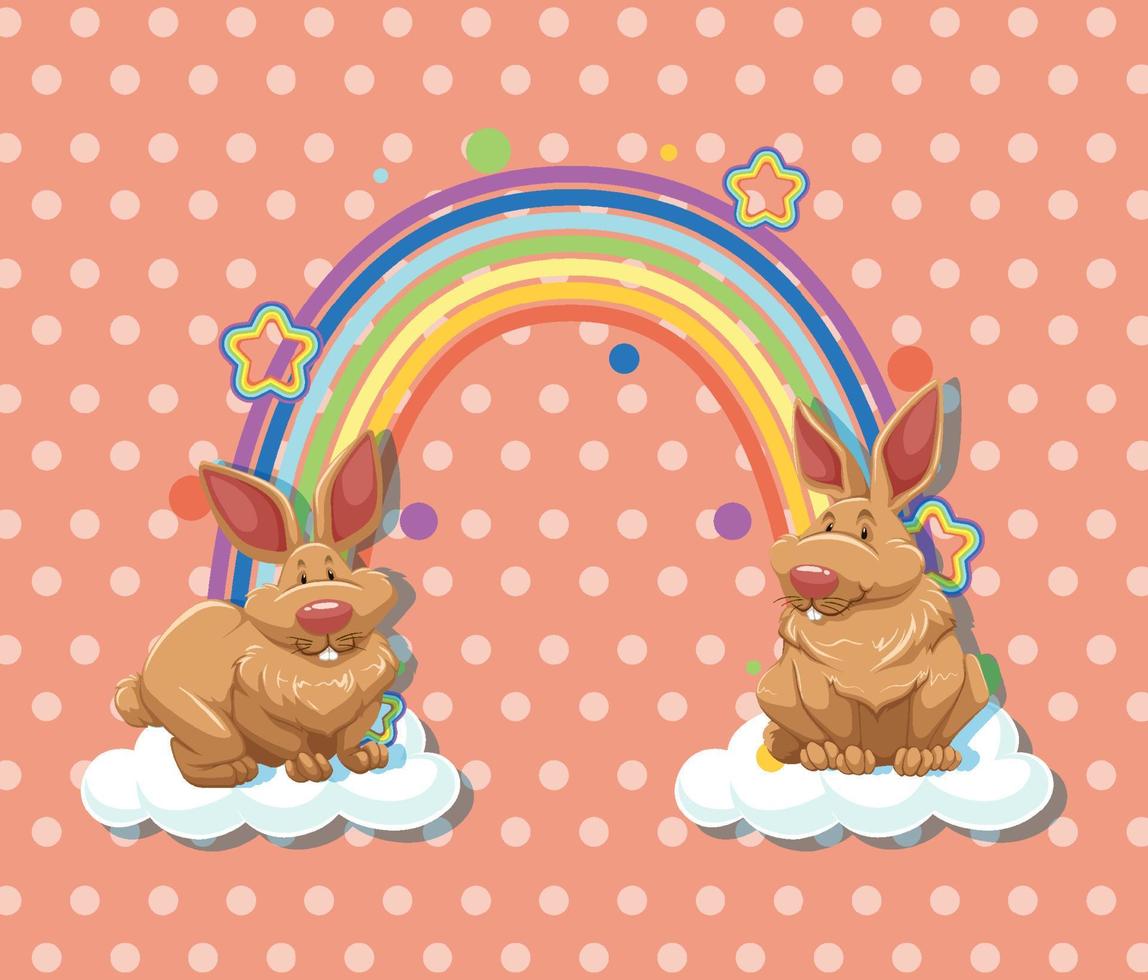 Dos conejos en la nube con arco iris sobre fondo de lunares vector