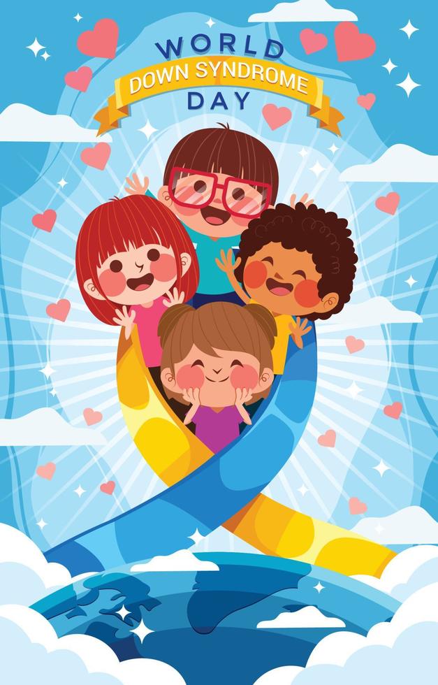 World Down Syndrome Day Concept Poster with kids wrap in Ribbon vector