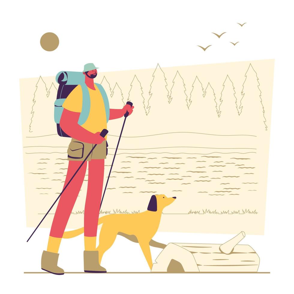 Man Hiking With His Pet vector