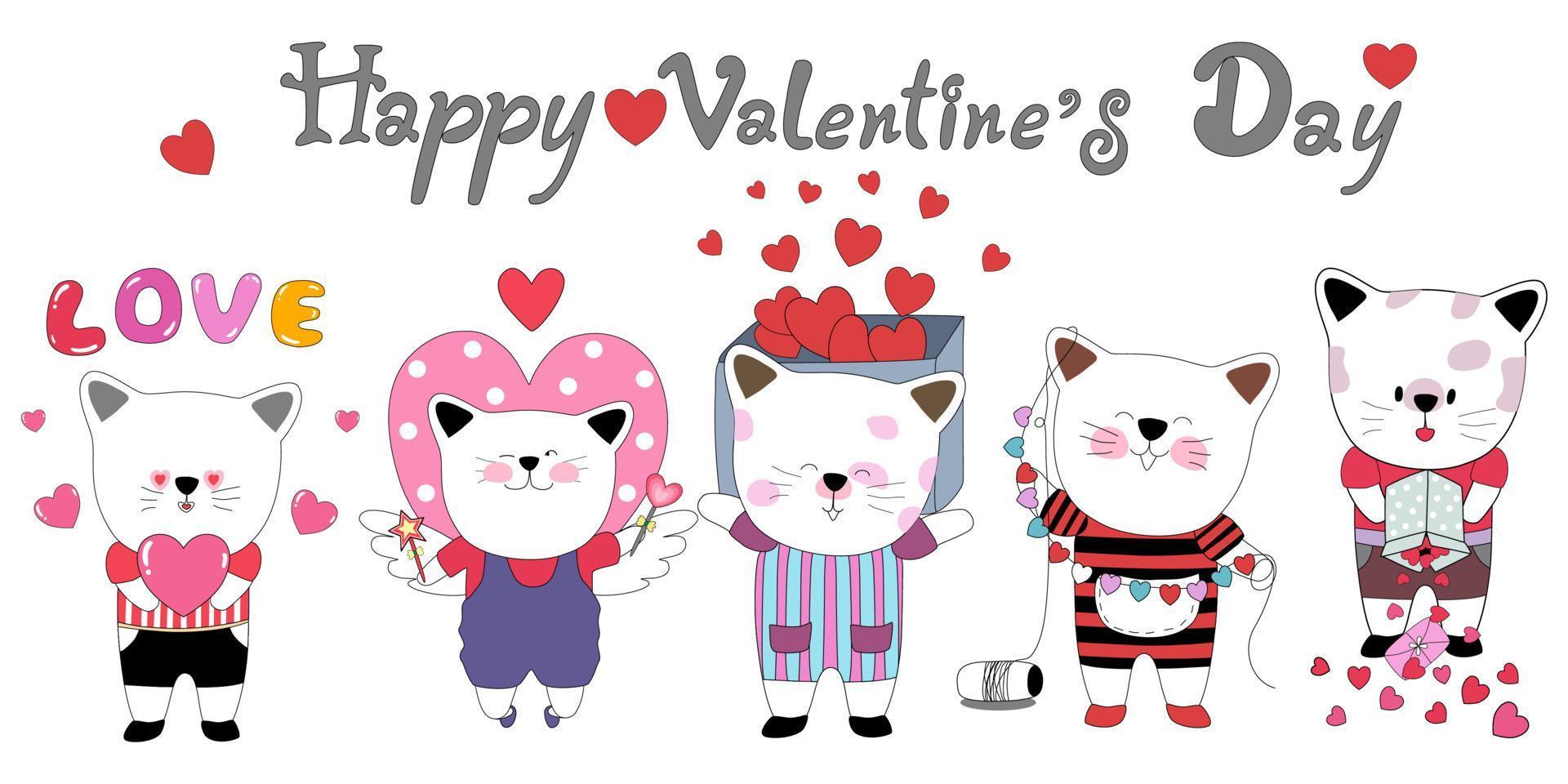 feliz día de san valentín con lindos gatos diseñados en estilo doodle. perfecto para temas del día de san valentín vector