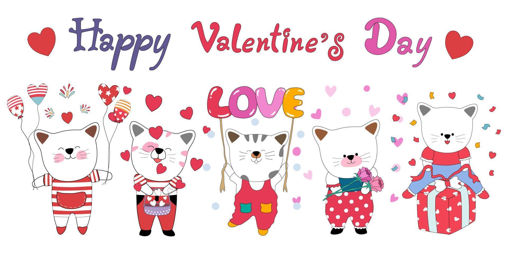 feliz día de san valentín con lindos gatos diseñados en estilo doodle. perfecto para temas del día de san valentín vector