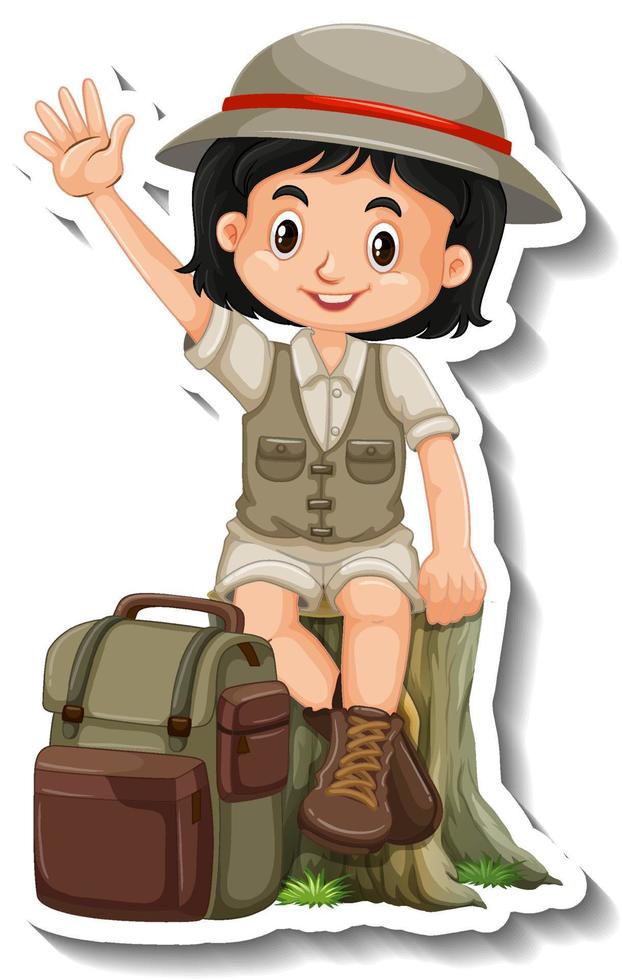 Girl in safari outfit cartoon character sticker vector