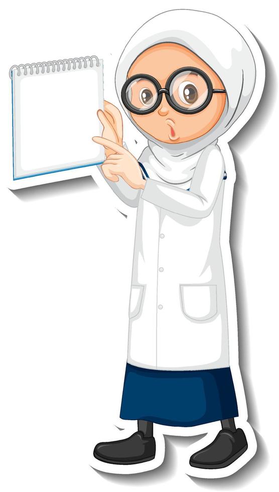 Scientist muslim girl holding empty board in sticker style vector