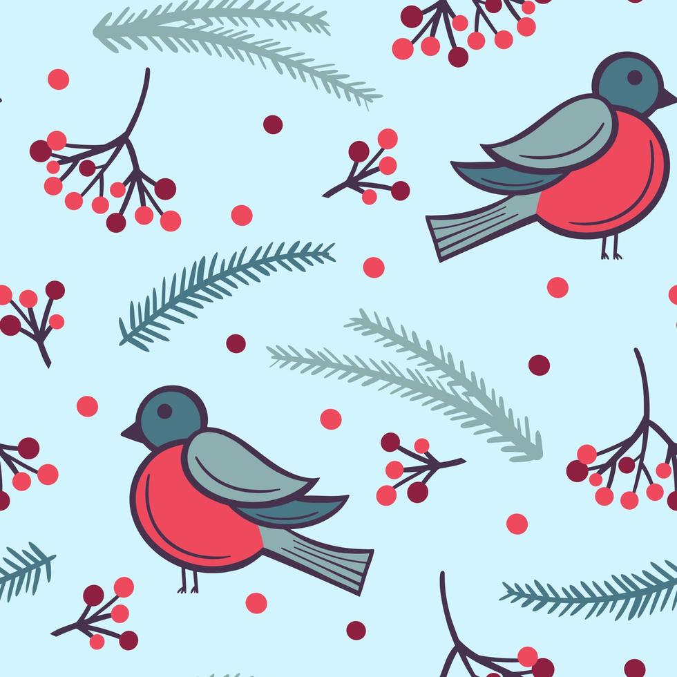 Winter seamless pattern with birds fir branches and berries vector