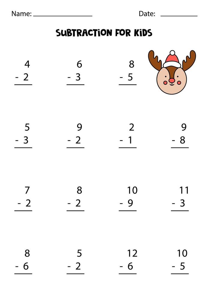 Subtraction with cute reindeer. Educational math game for kids. vector