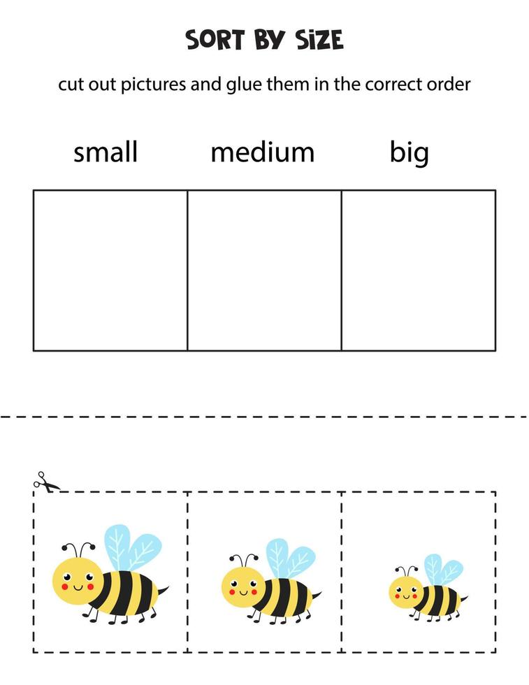 Sort pictures by size. Educational worksheet for kids. vector